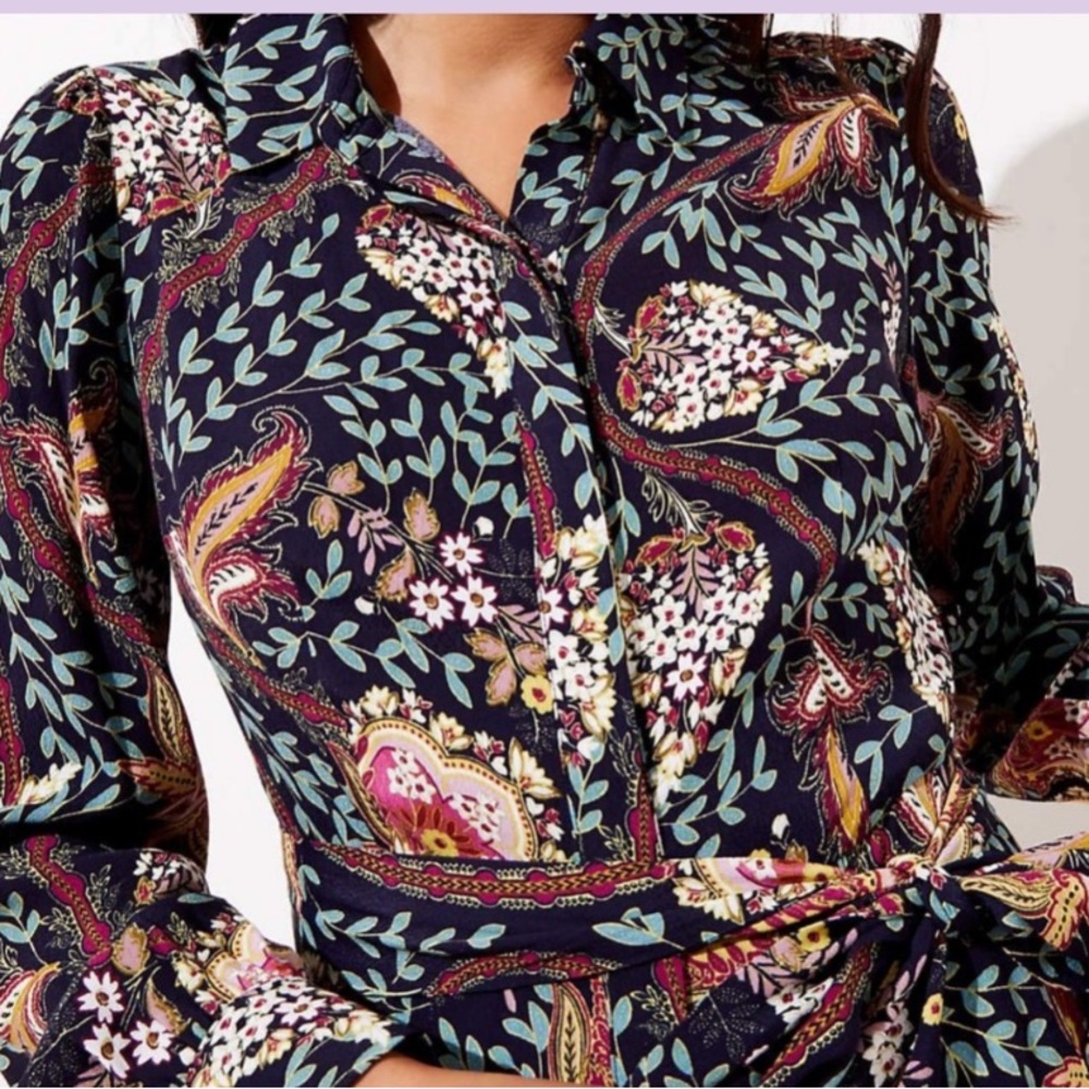 LOFT Floral/Forest Print Shirt Dress
